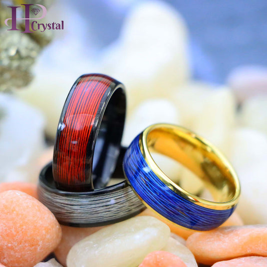 Domed Yellow IP Plated Rolled Blue/White/Red Wire Inlay Tungsten Ring (MARET830)