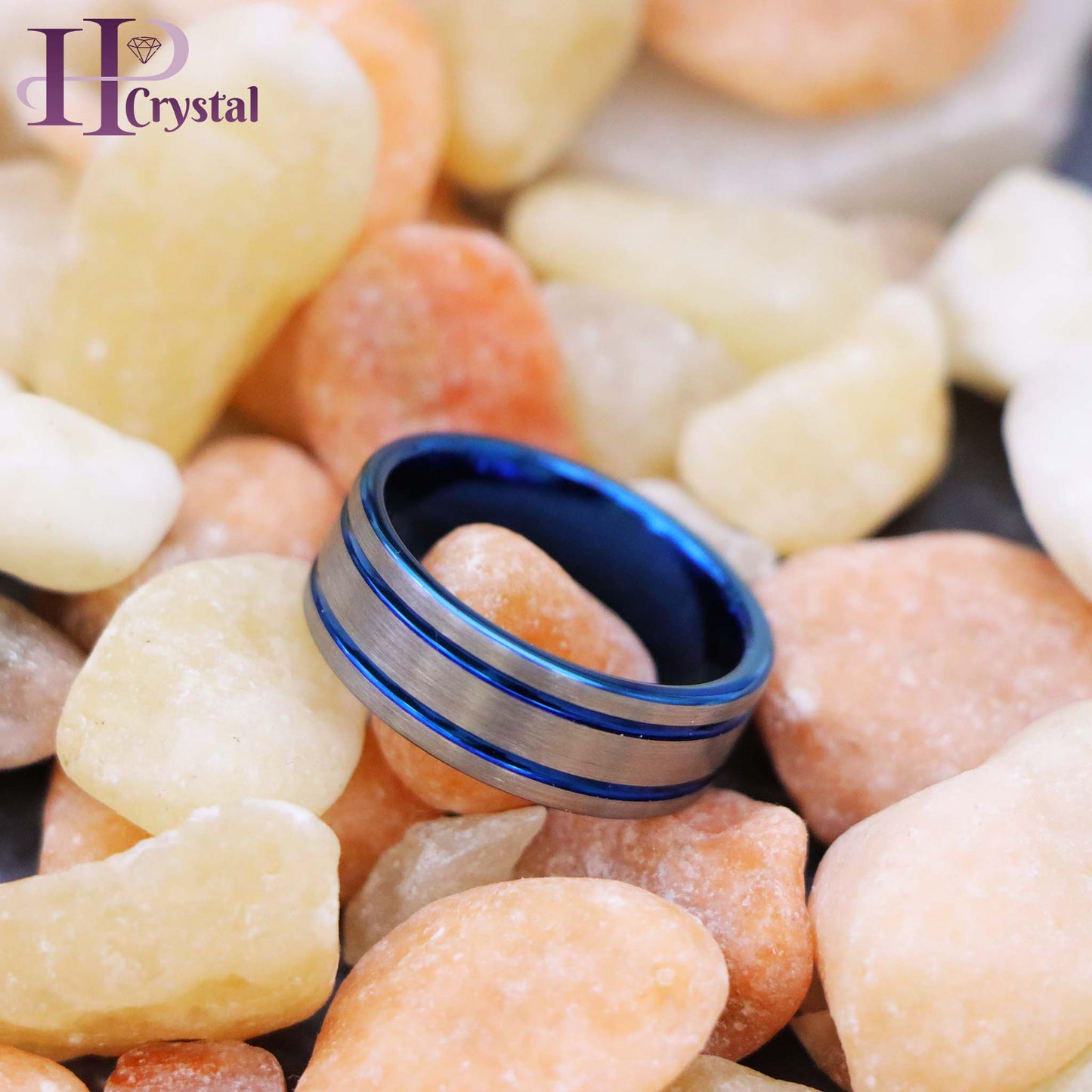 Pipe Cut Blue IP Plated Double Striped Center Tungsten Ring