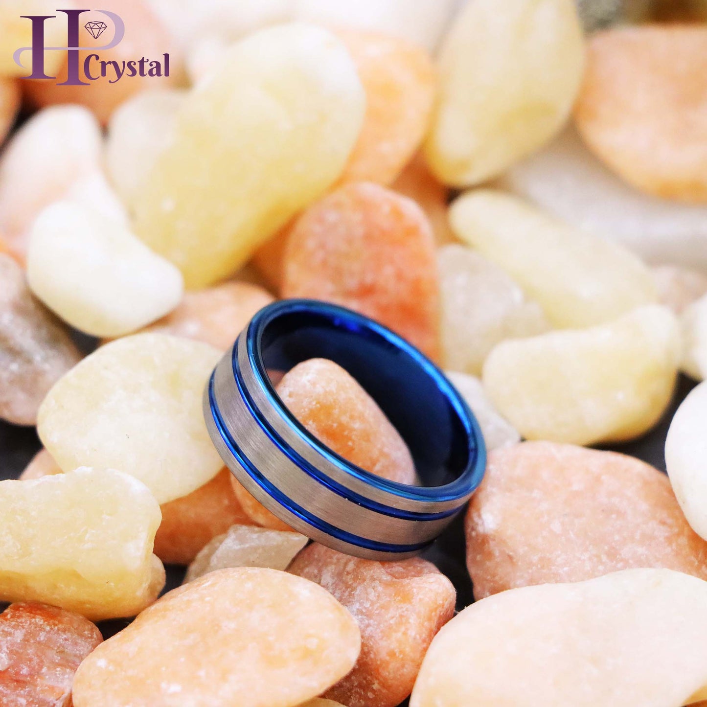Pipe Cut Blue IP Plated Double Striped Center Tungsten Ring