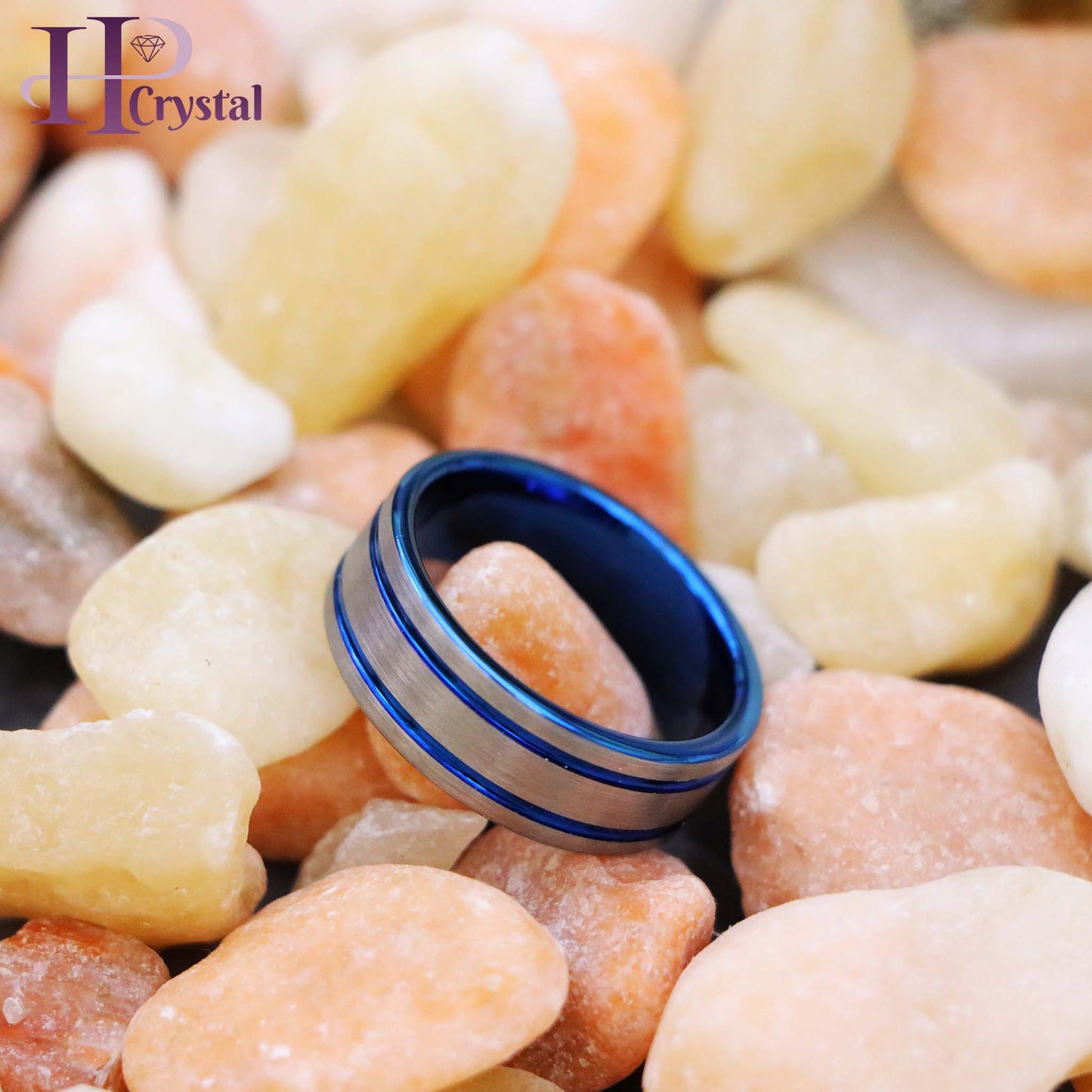 Pipe Cut Blue IP Plated Double Striped Center Tungsten Ring