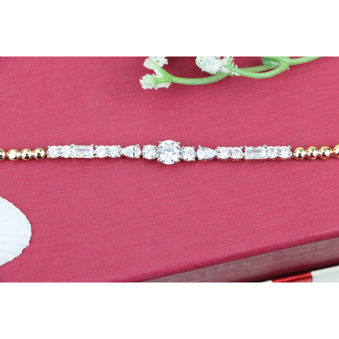 Rose Gold Bracelet with Mixed-Cut White Crystals and Beaded Chain, XPBL0813 (2082-2)