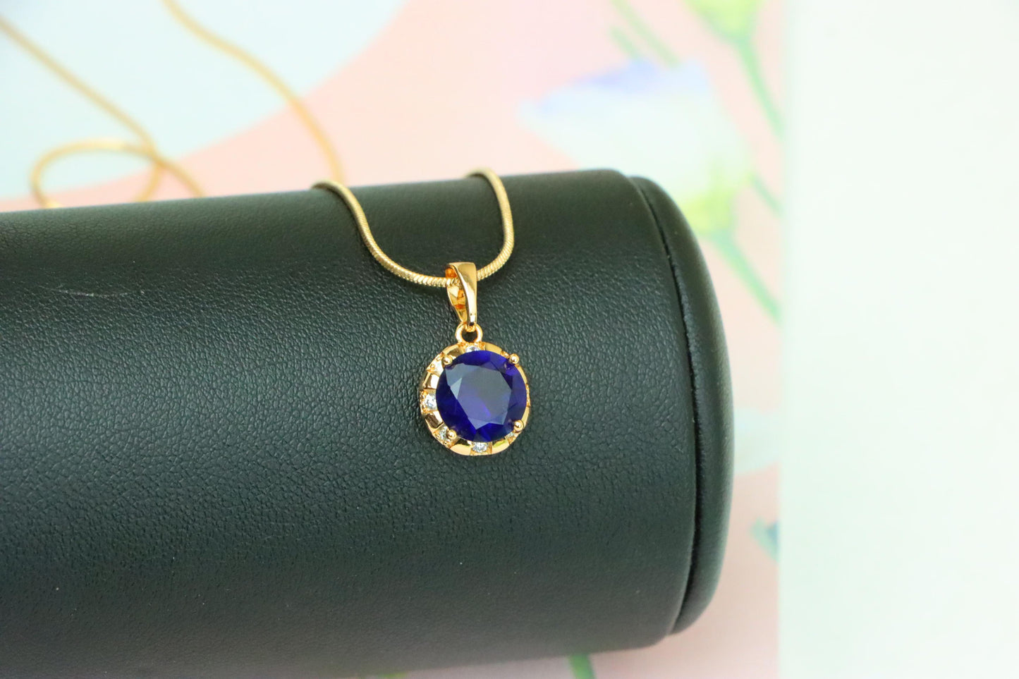 Royal Blue Round Pendant with Sparkling Accents in Gold Finish, XPPT1647 (2163-3)