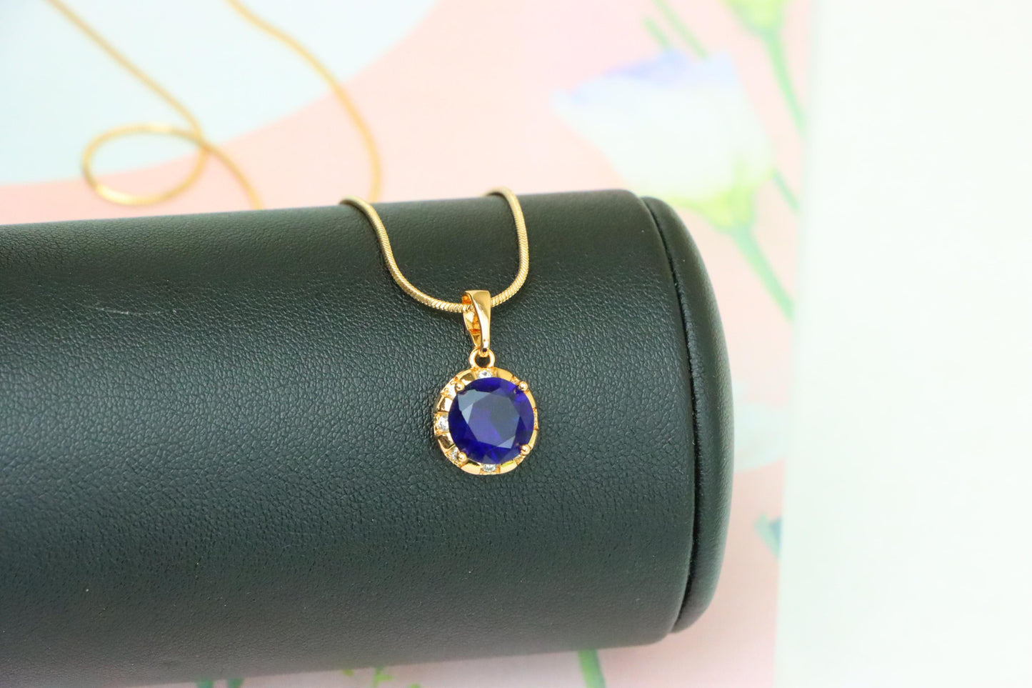 Royal Blue Round Pendant with Sparkling Accents in Gold Finish, XPPT1647 (2163-3)