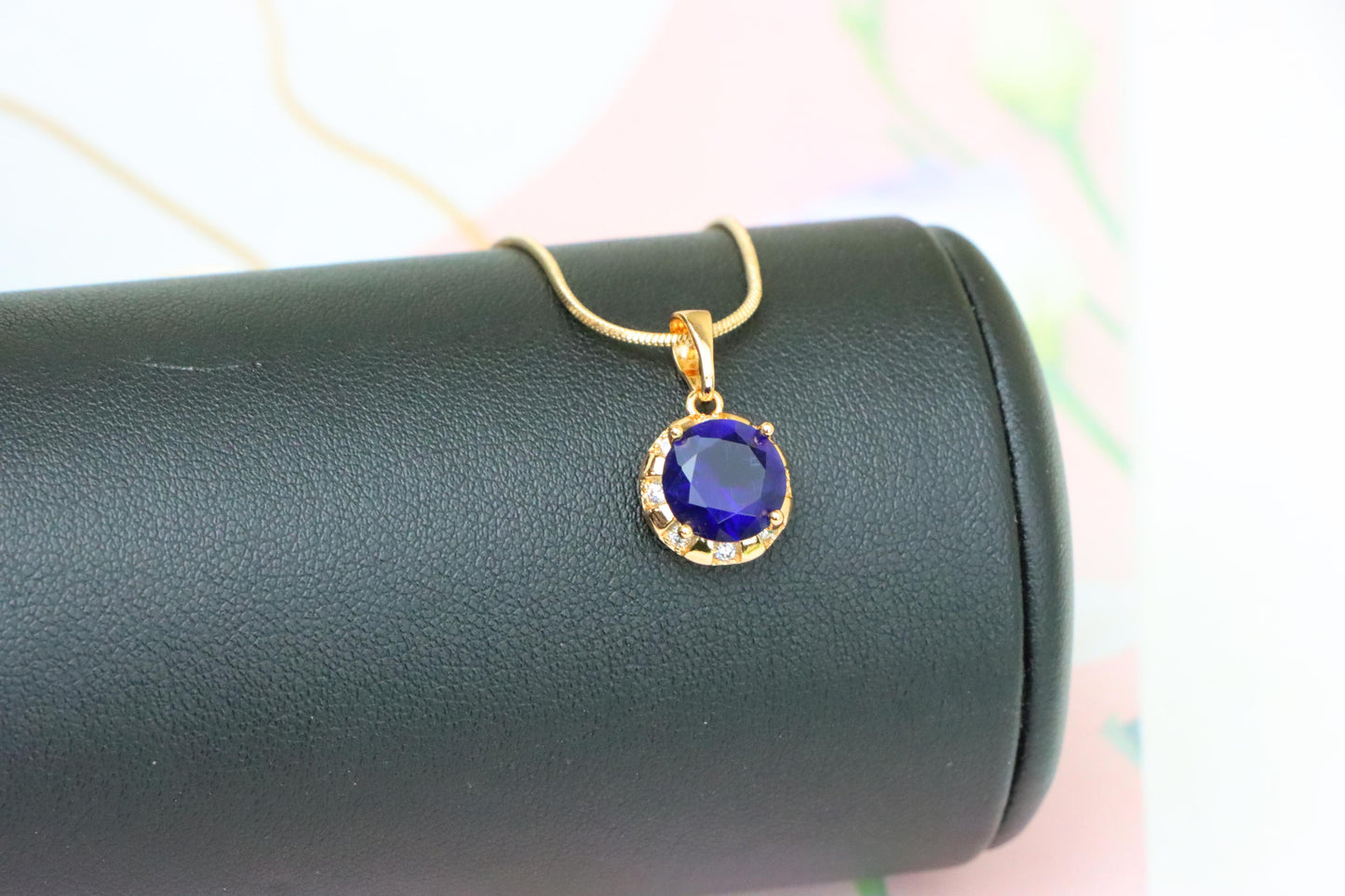 Royal Blue Round Pendant with Sparkling Accents in Gold Finish, XPPT1647 (2163-3)