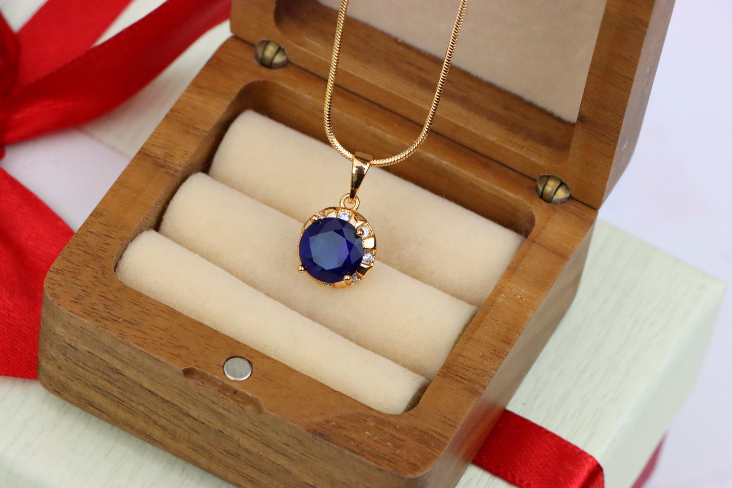 Royal Blue Round Pendant with Sparkling Accents in Gold Finish, XPPT1647 (2163-3)