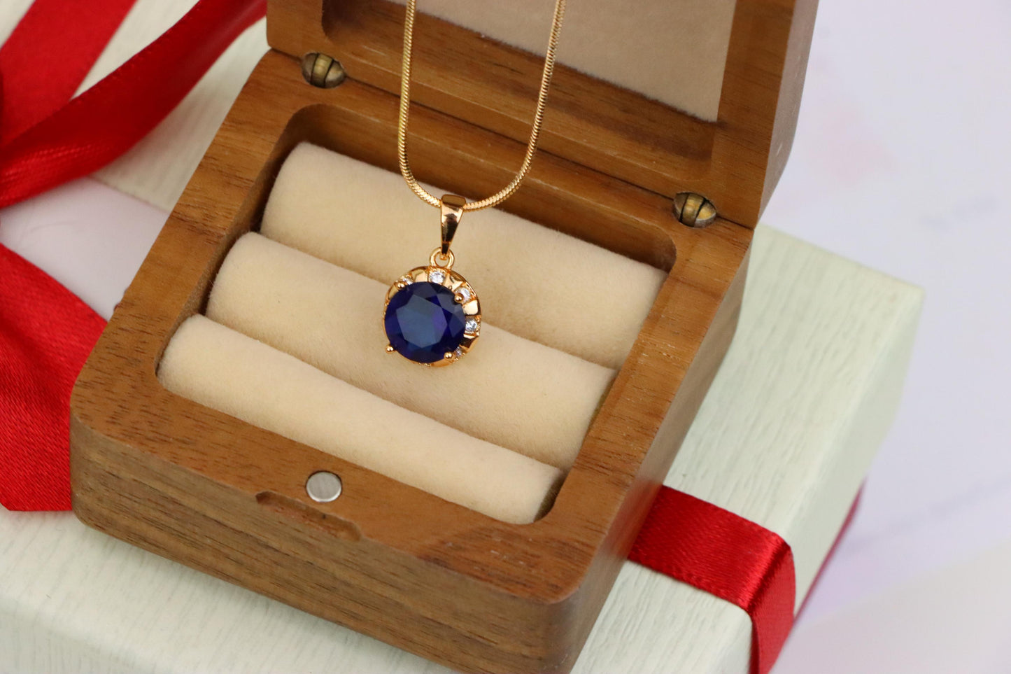 Royal Blue Round Pendant with Sparkling Accents in Gold Finish, XPPT1647 (2163-3)