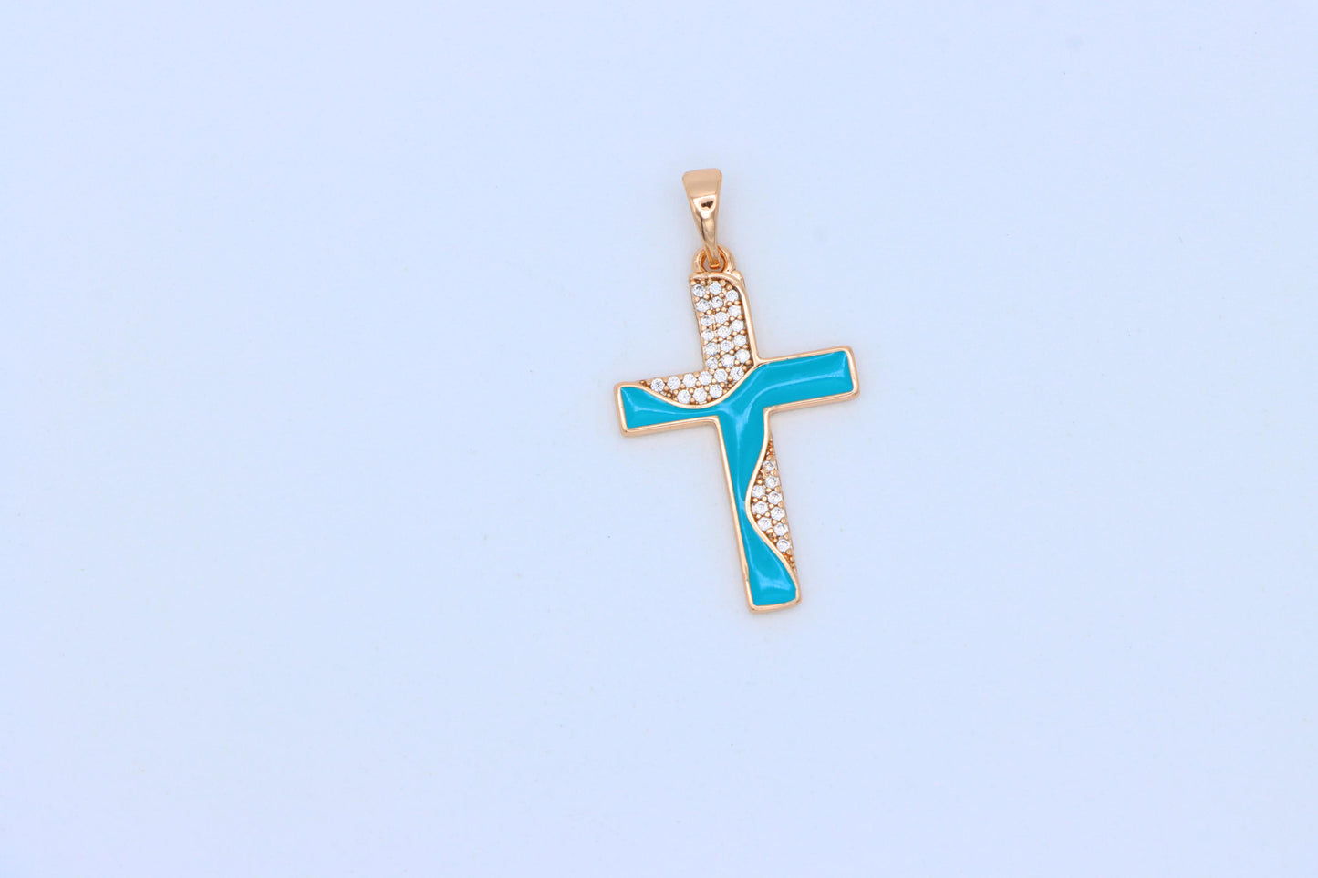 Rose Gold Cross Pendant with Aqua Enamel and Sparkling Stones, XPPT1508 (2140-1)