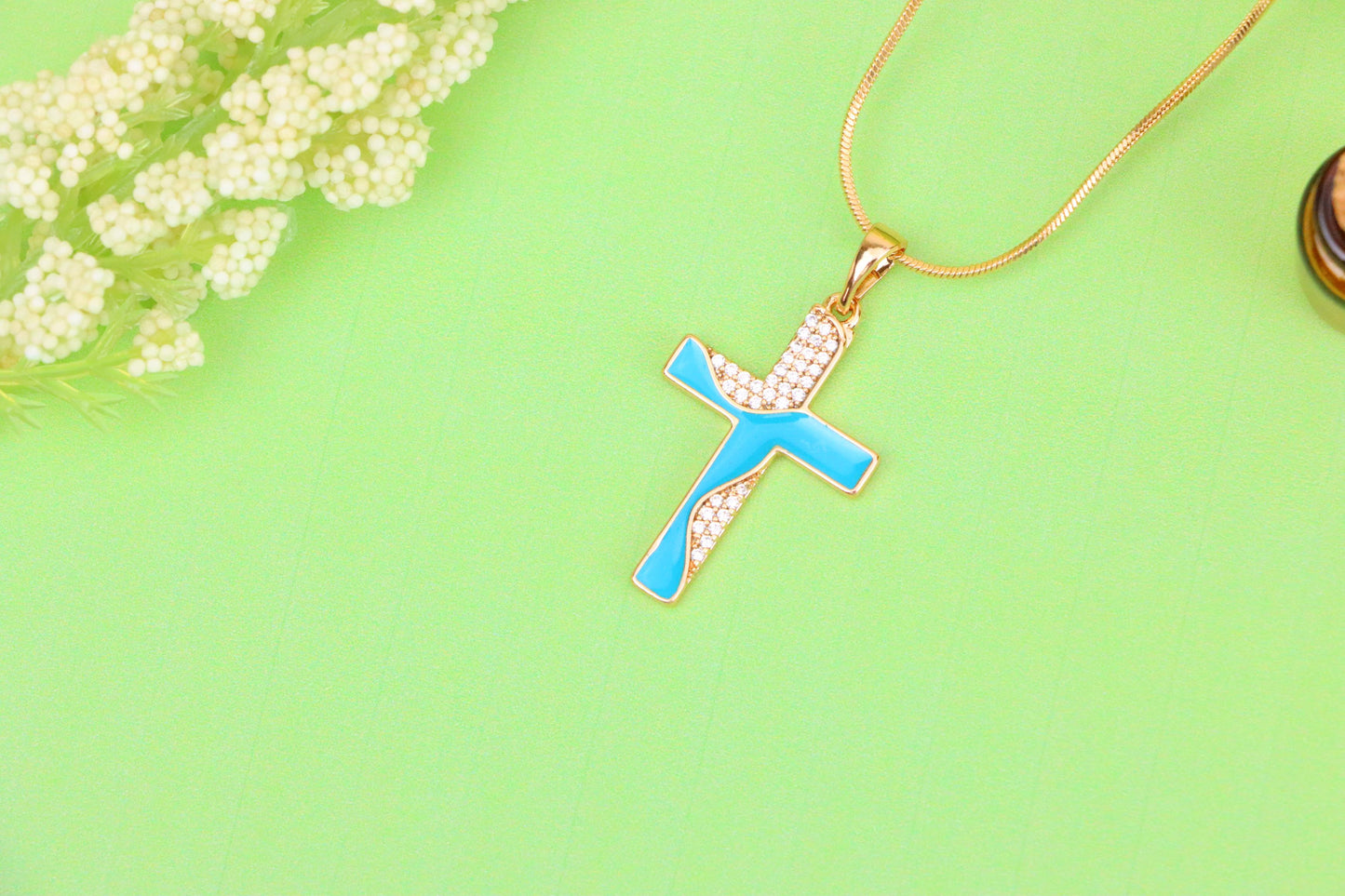 Rose Gold Cross Pendant with Aqua Enamel and Sparkling Stones, XPPT1508 (2140-1)