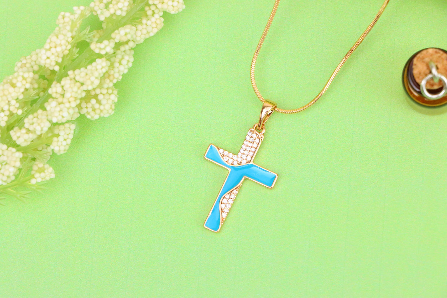 Rose Gold Cross Pendant with Aqua Enamel and Sparkling Stones, XPPT1508 (2140-1)