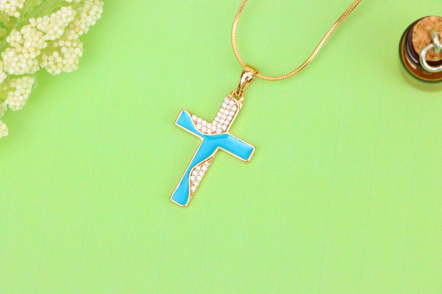 Rose Gold Cross Pendant with Aqua Enamel and Sparkling Stones, XPPT1508 (2140-1)