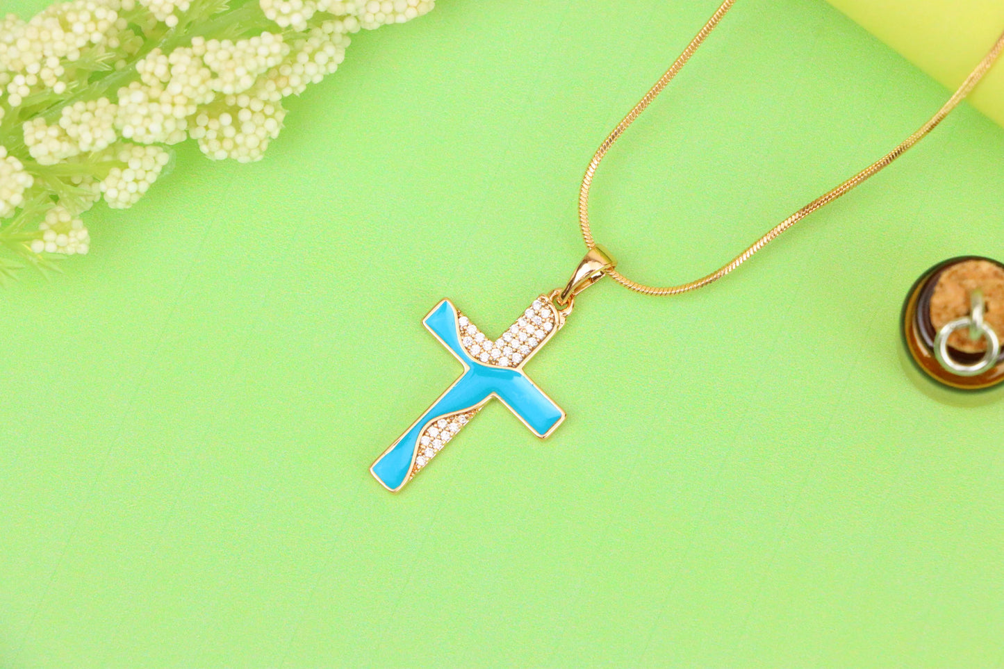Rose Gold Cross Pendant with Aqua Enamel and Sparkling Stones, XPPT1508 (2140-1)