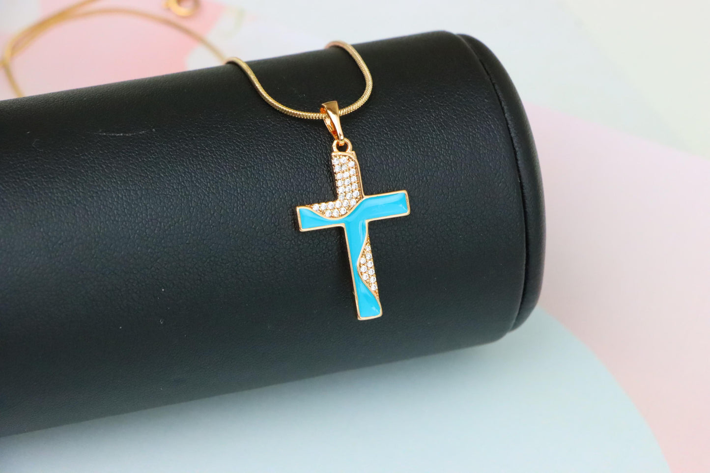 Rose Gold Cross Pendant with Aqua Enamel and Sparkling Stones, XPPT1508 (2140-1)