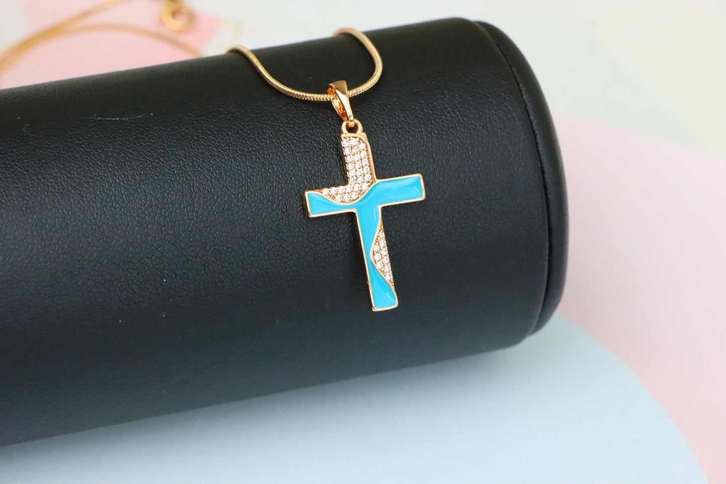 Rose Gold Cross Pendant with Aqua Enamel and Sparkling Stones, XPPT1508 (2140-1)