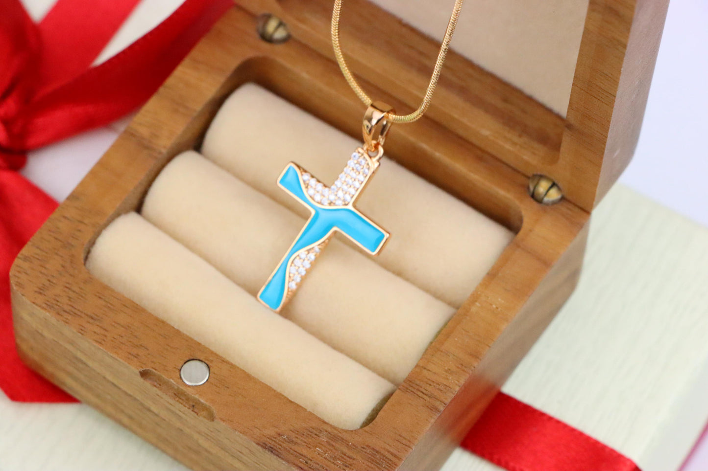Rose Gold Cross Pendant with Aqua Enamel and Sparkling Stones, XPPT1508 (2140-1)