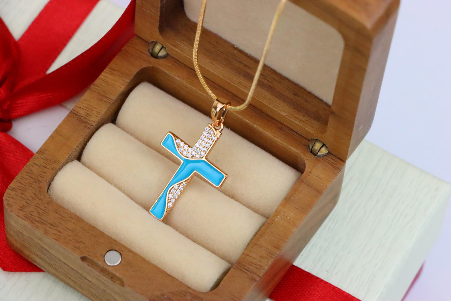 Rose Gold Cross Pendant with Aqua Enamel and Sparkling Stones, XPPT1508 (2140-1)
