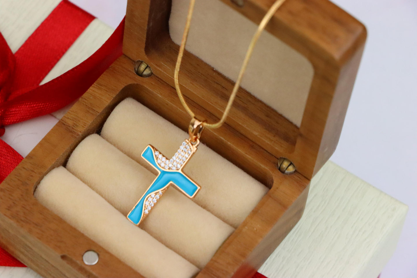 Rose Gold Cross Pendant with Aqua Enamel and Sparkling Stones, XPPT1508 (2140-1)