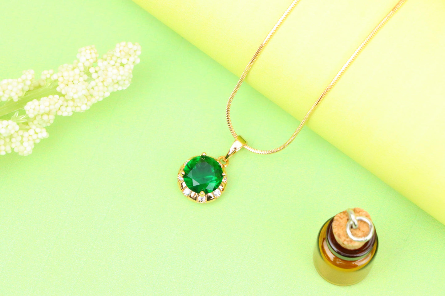 Elegant Green Round Pendant with Crystal Border in Gold Finish, XPPT1649 (2163-3)