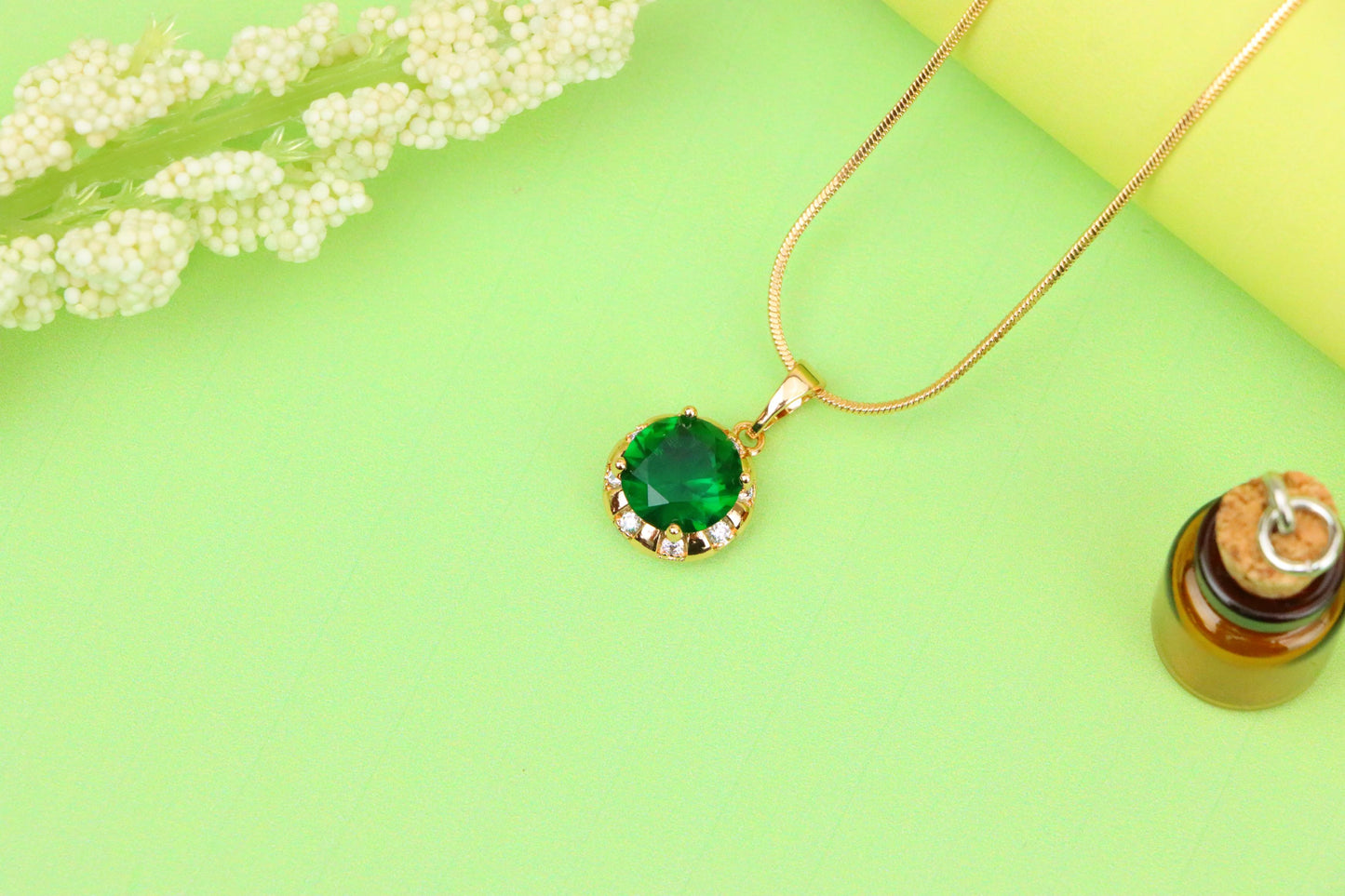Elegant Green Round Pendant with Crystal Border in Gold Finish, XPPT1649 (2163-3)