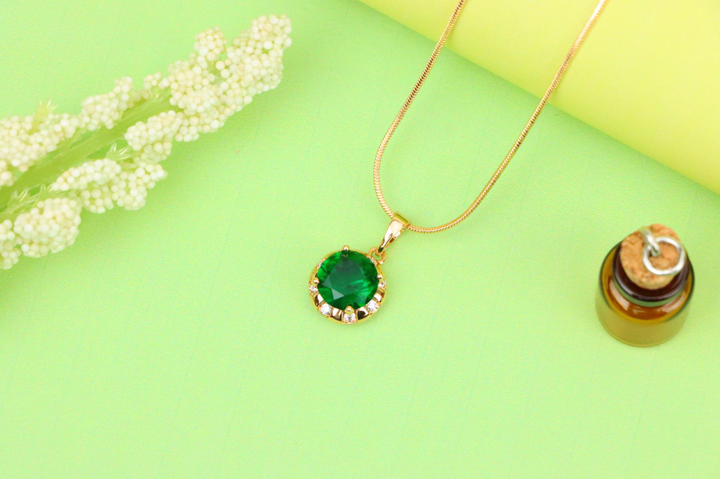 Elegant Green Round Pendant with Crystal Border in Gold Finish, XPPT1649 (2163-3)