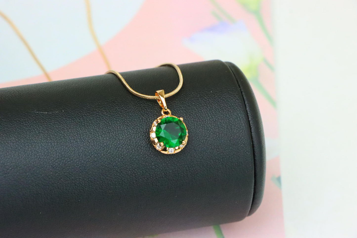 Elegant Green Round Pendant with Crystal Border in Gold Finish, XPPT1649 (2163-3)