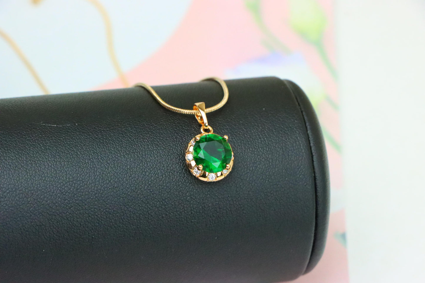 Elegant Green Round Pendant with Crystal Border in Gold Finish, XPPT1649 (2163-3)
