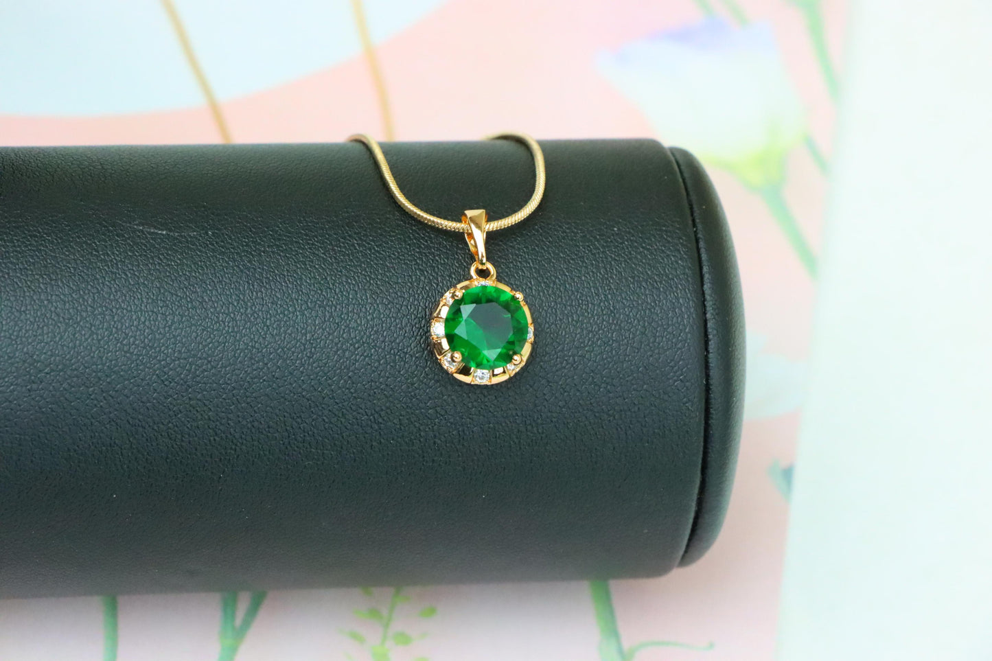 Elegant Green Round Pendant with Crystal Border in Gold Finish, XPPT1649 (2163-3)