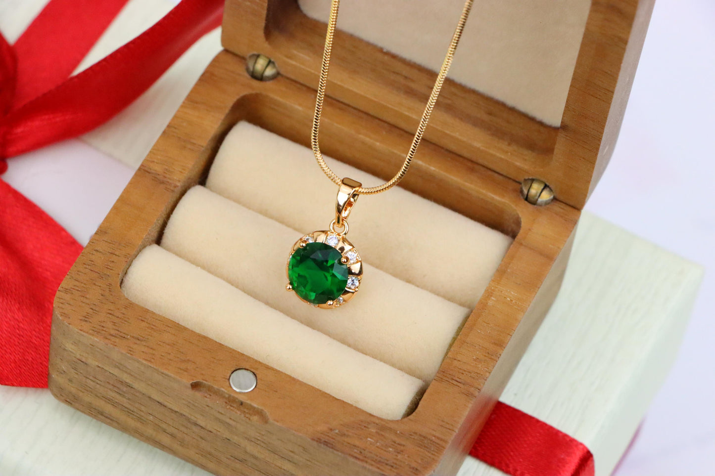 Elegant Green Round Pendant with Crystal Border in Gold Finish, XPPT1649 (2163-3)