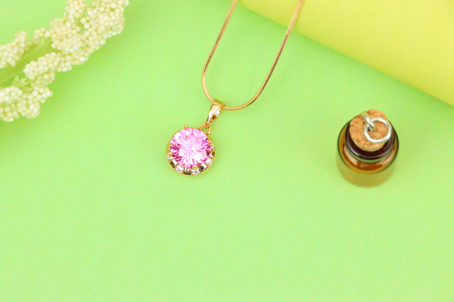 Round Pink Pendant with Gold Finish and Crystal Accents, XPPT1650 (2163-3)