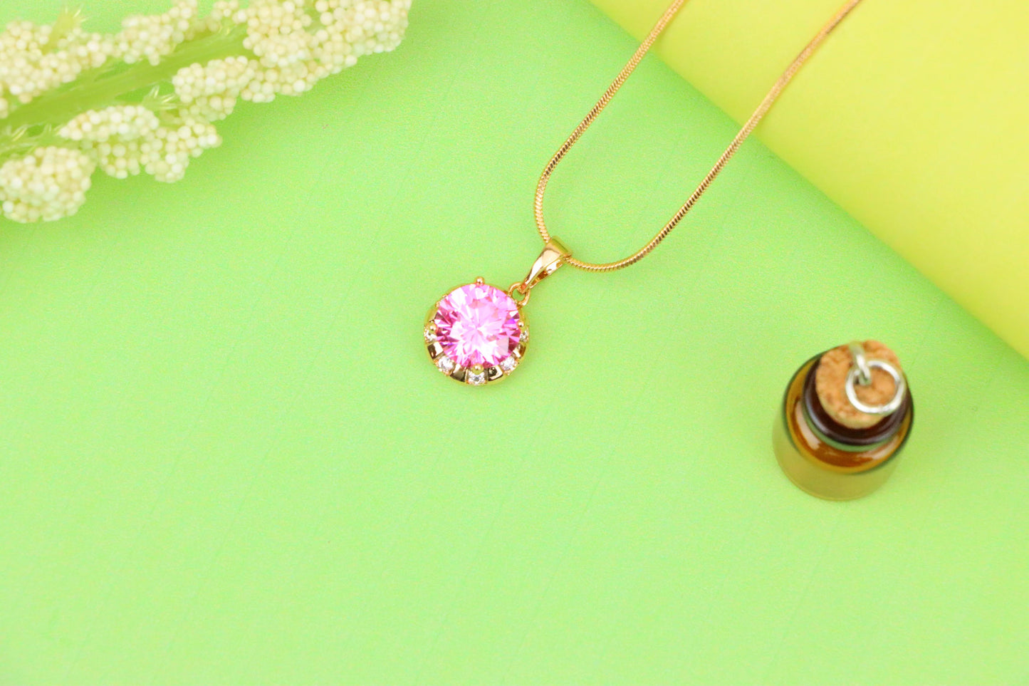 Round Pink Pendant with Gold Finish and Crystal Accents, XPPT1650 (2163-3)