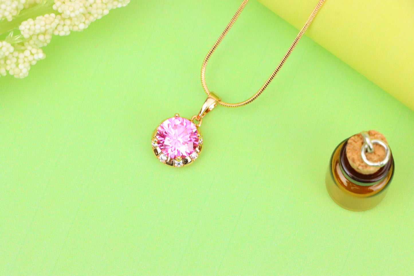 Round Pink Pendant with Gold Finish and Crystal Accents, XPPT1650 (2163-3)