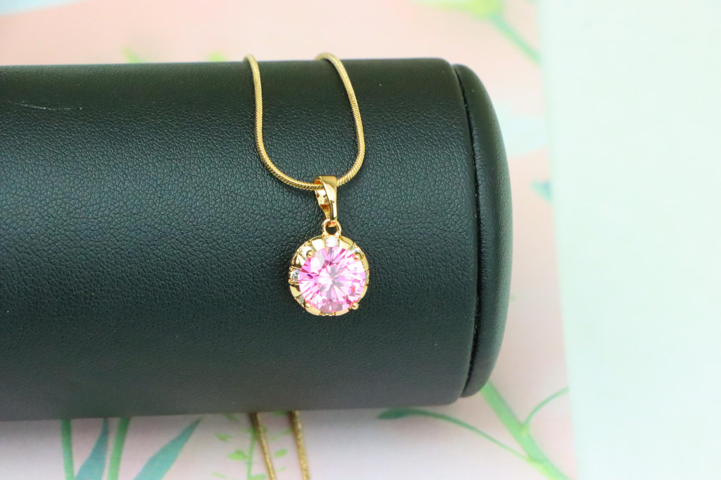 Round Pink Pendant with Gold Finish and Crystal Accents, XPPT1650 (2163-3)