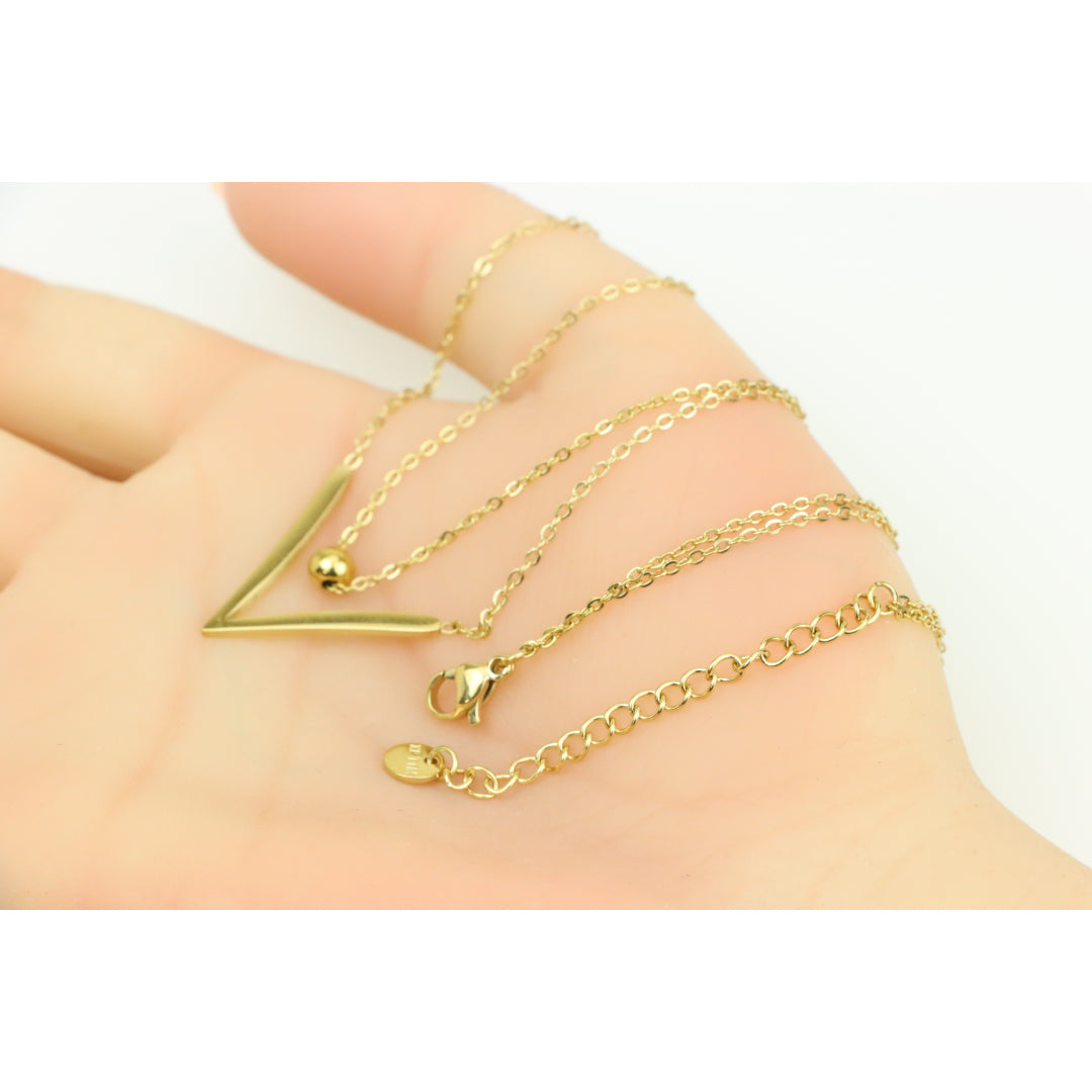 Layered Yellow Necklace with V-Shaped Pendant and Gold Bead, XPNL0370 (2037-10)