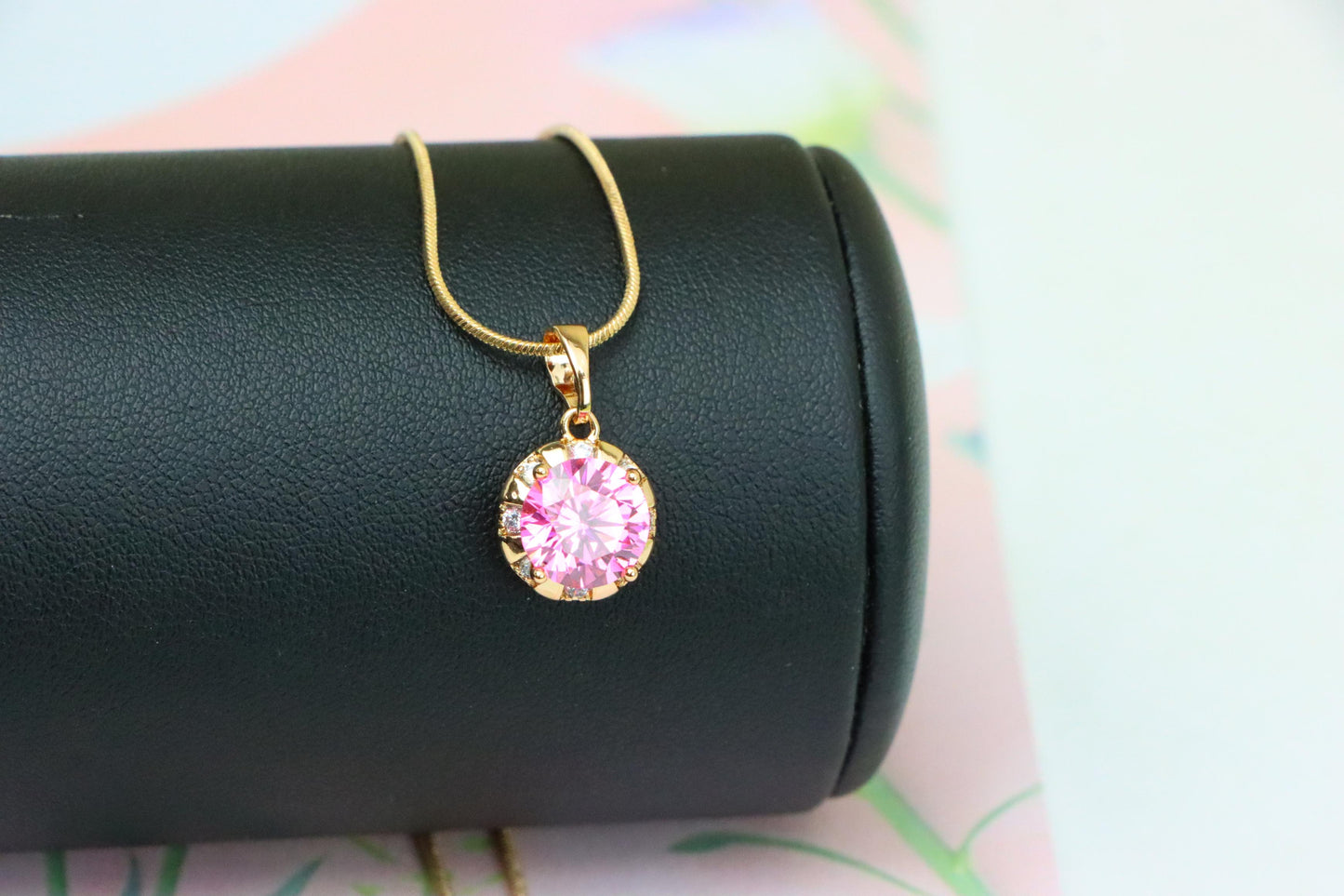 Round Pink Pendant with Gold Finish and Crystal Accents, XPPT1650 (2163-3)