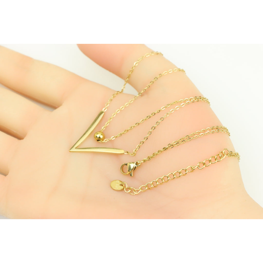 Layered Yellow Necklace with V-Shaped Pendant and Gold Bead, XPNL0370 (2037-10)