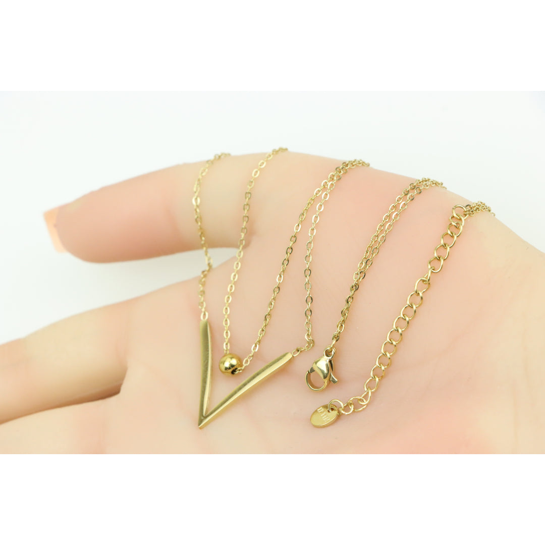 Layered Yellow Necklace with V-Shaped Pendant and Gold Bead, XPNL0370 (2037-10)
