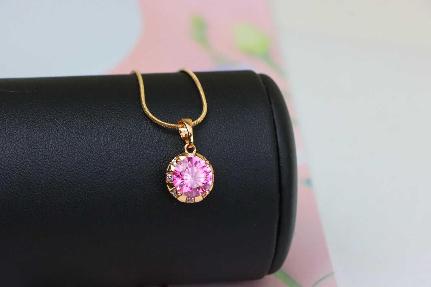 Round Pink Pendant with Gold Finish and Crystal Accents, XPPT1650 (2163-3)