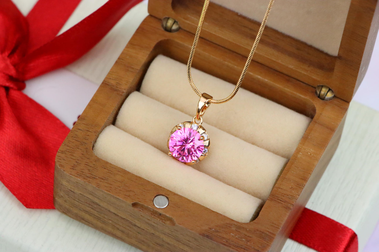 Round Pink Pendant with Gold Finish and Crystal Accents, XPPT1650 (2163-3)