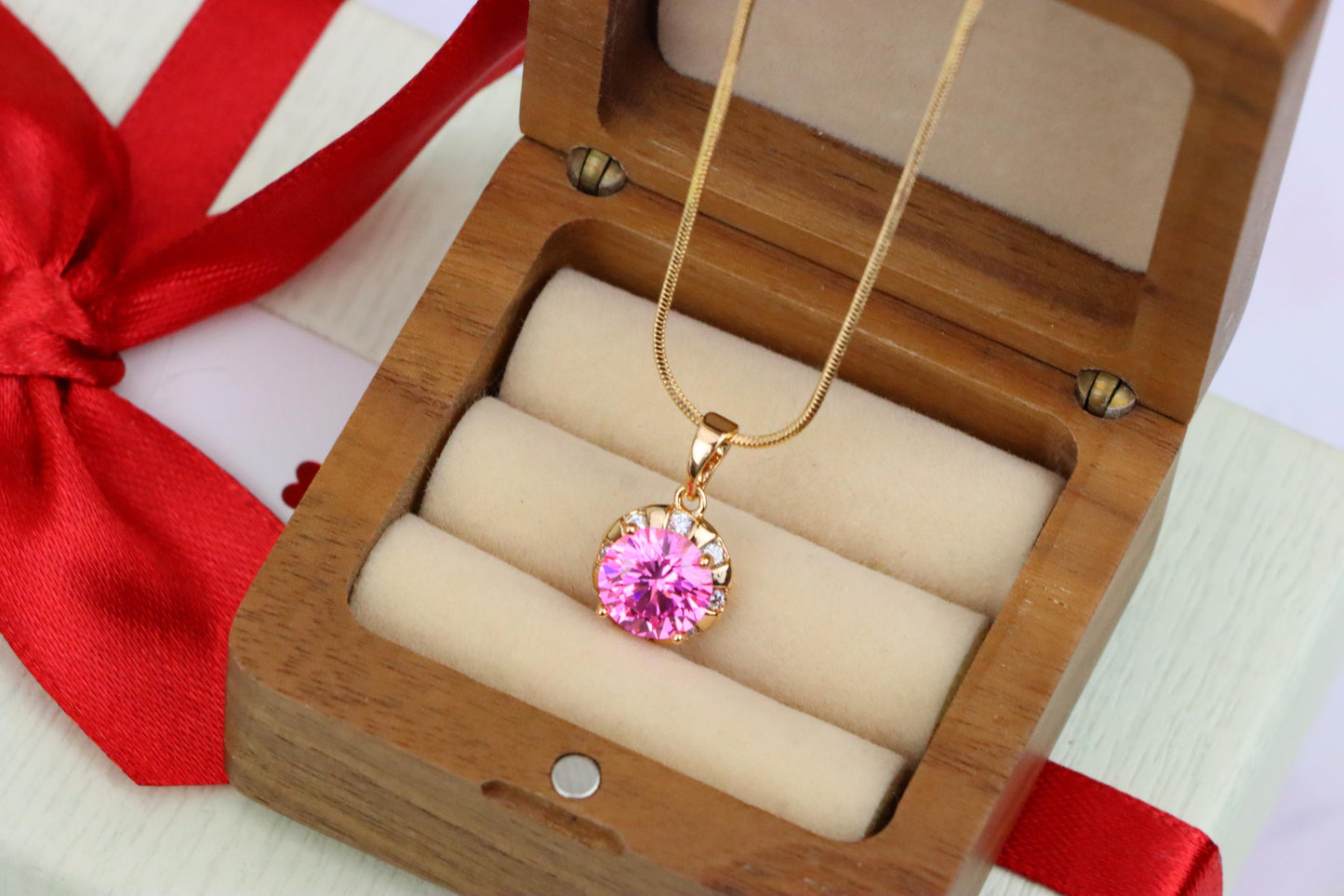 Round Pink Pendant with Gold Finish and Crystal Accents, XPPT1650 (2163-3)