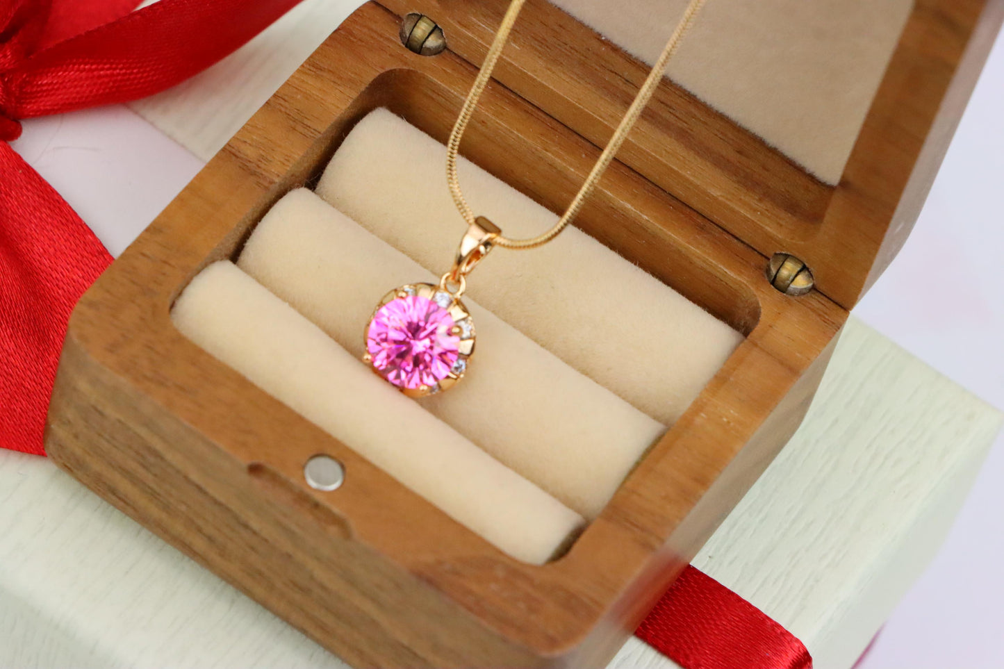 Round Pink Pendant with Gold Finish and Crystal Accents, XPPT1650 (2163-3)