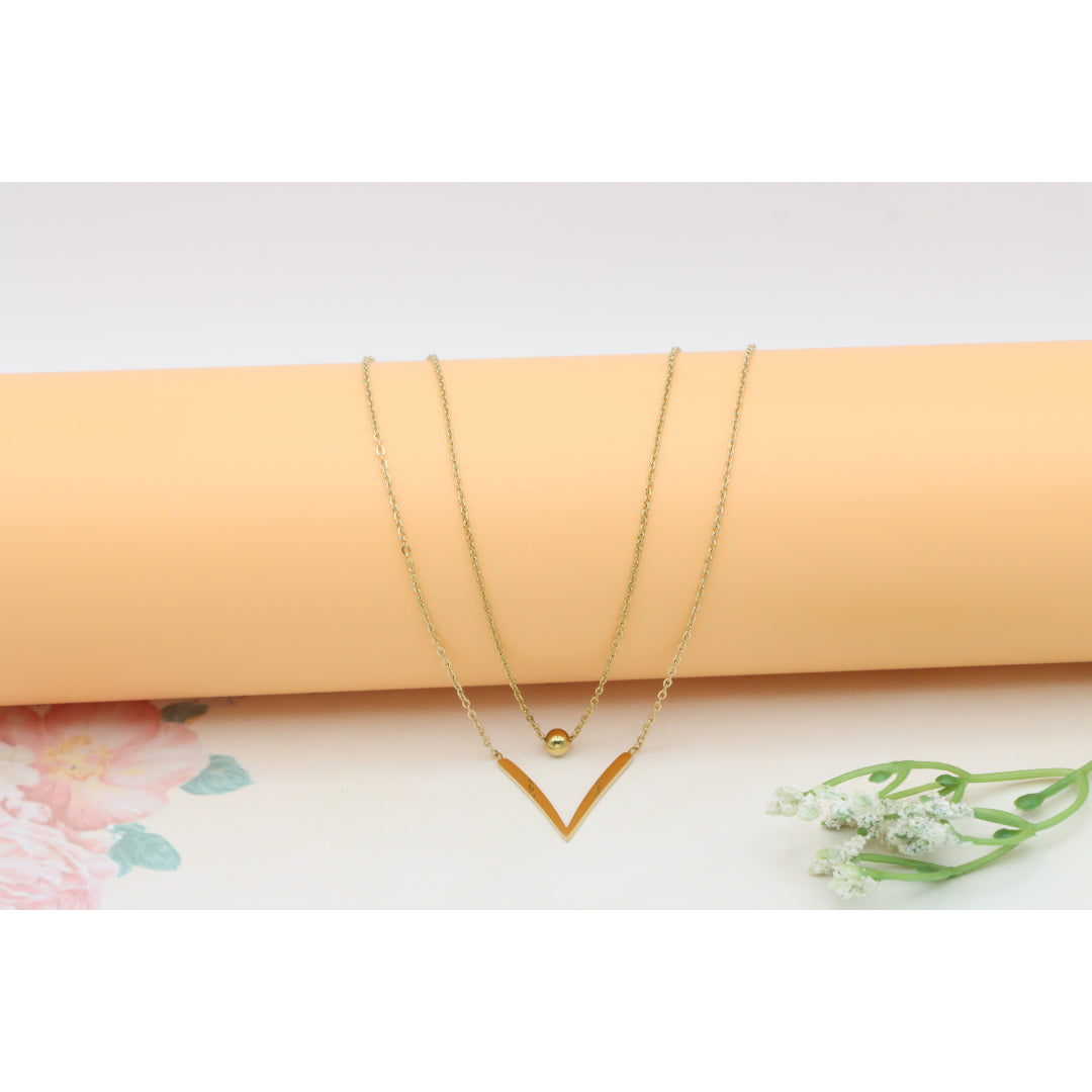 Layered Yellow Necklace with V-Shaped Pendant and Gold Bead, XPNL0370 (2037-10)