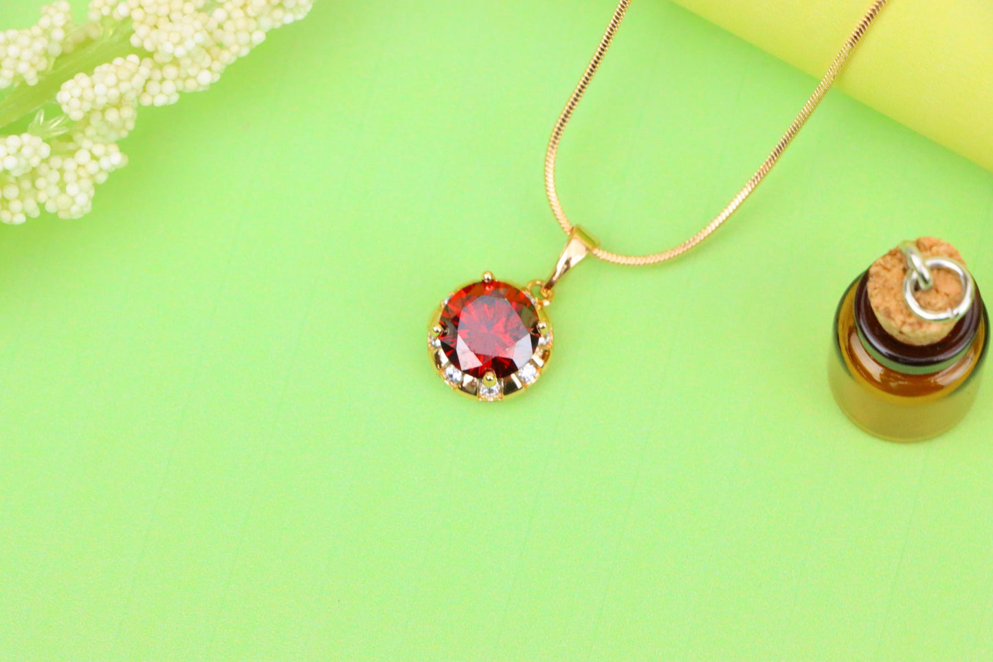Round Red Pendant with Crystal Halo in Gold Finish Setting, XPPT1651 (2163-3)
