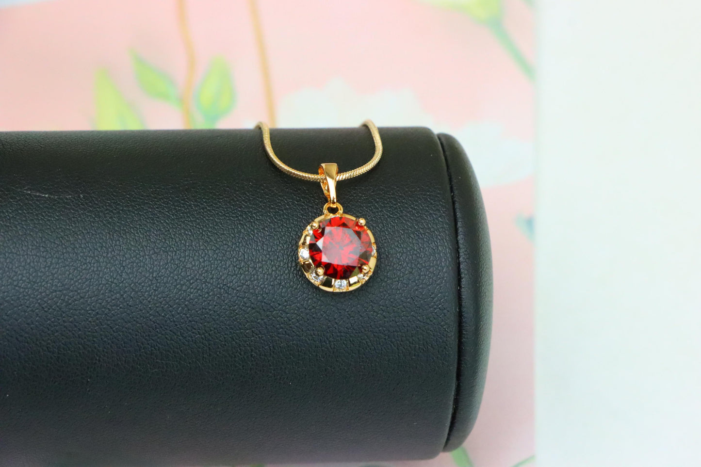 Round Red Pendant with Crystal Halo in Gold Finish Setting, XPPT1651 (2163-3)