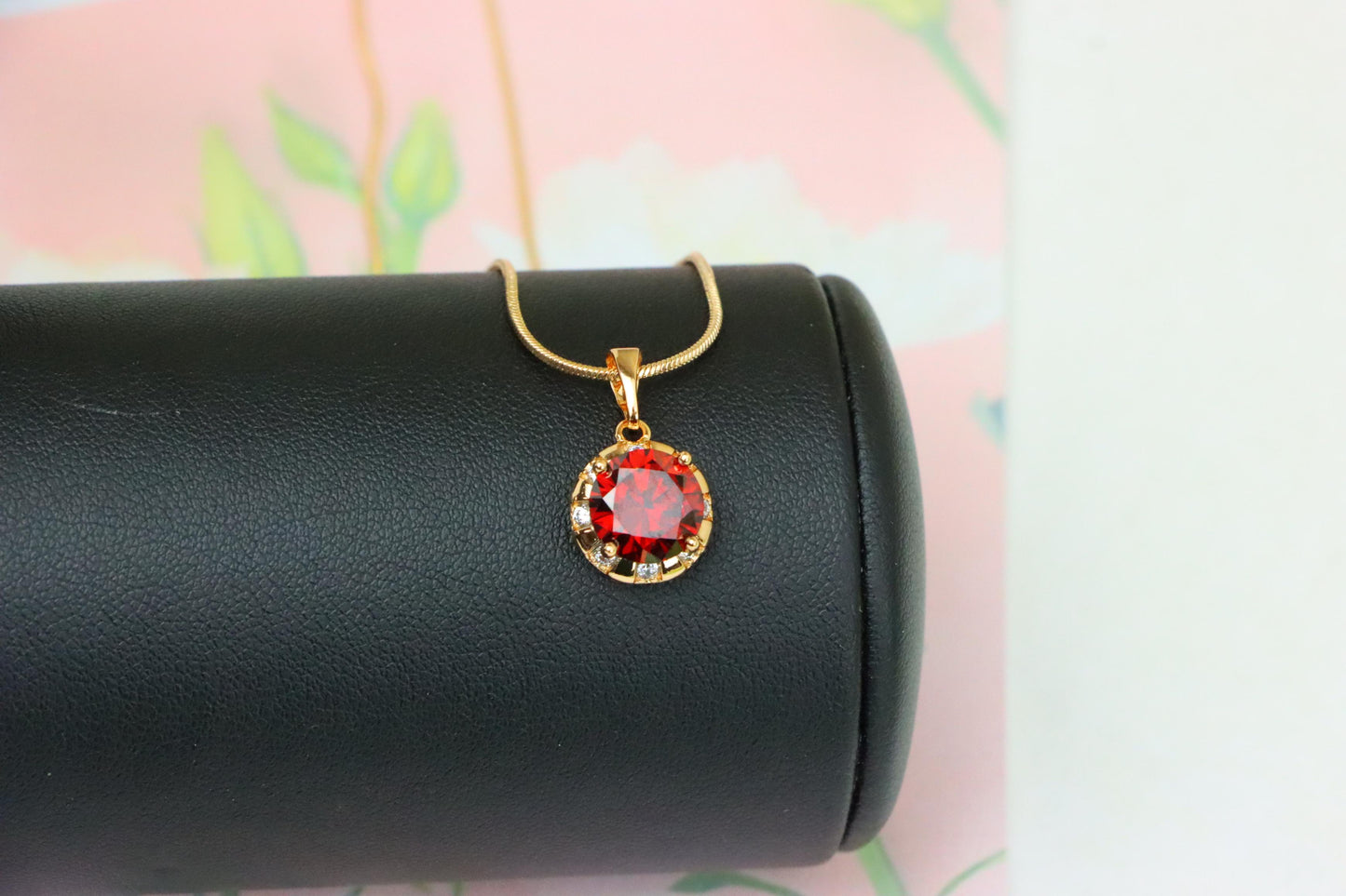 Round Red Pendant with Crystal Halo in Gold Finish Setting, XPPT1651 (2163-3)
