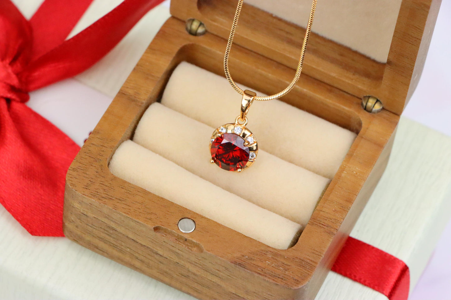 Round Red Pendant with Crystal Halo in Gold Finish Setting, XPPT1651 (2163-3)