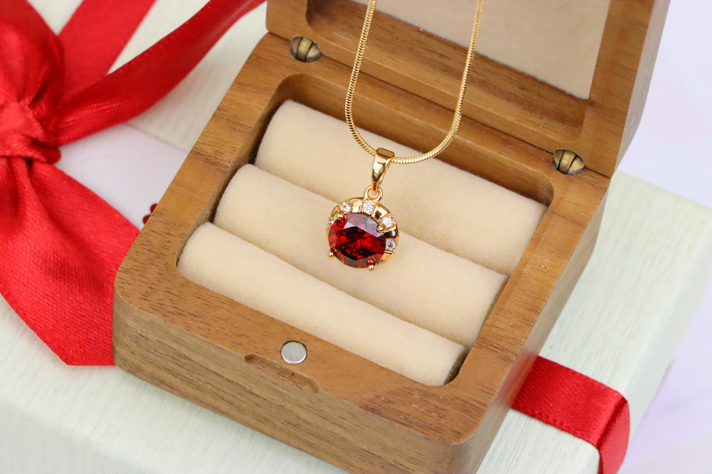 Round Red Pendant with Crystal Halo in Gold Finish Setting, XPPT1651 (2163-3)