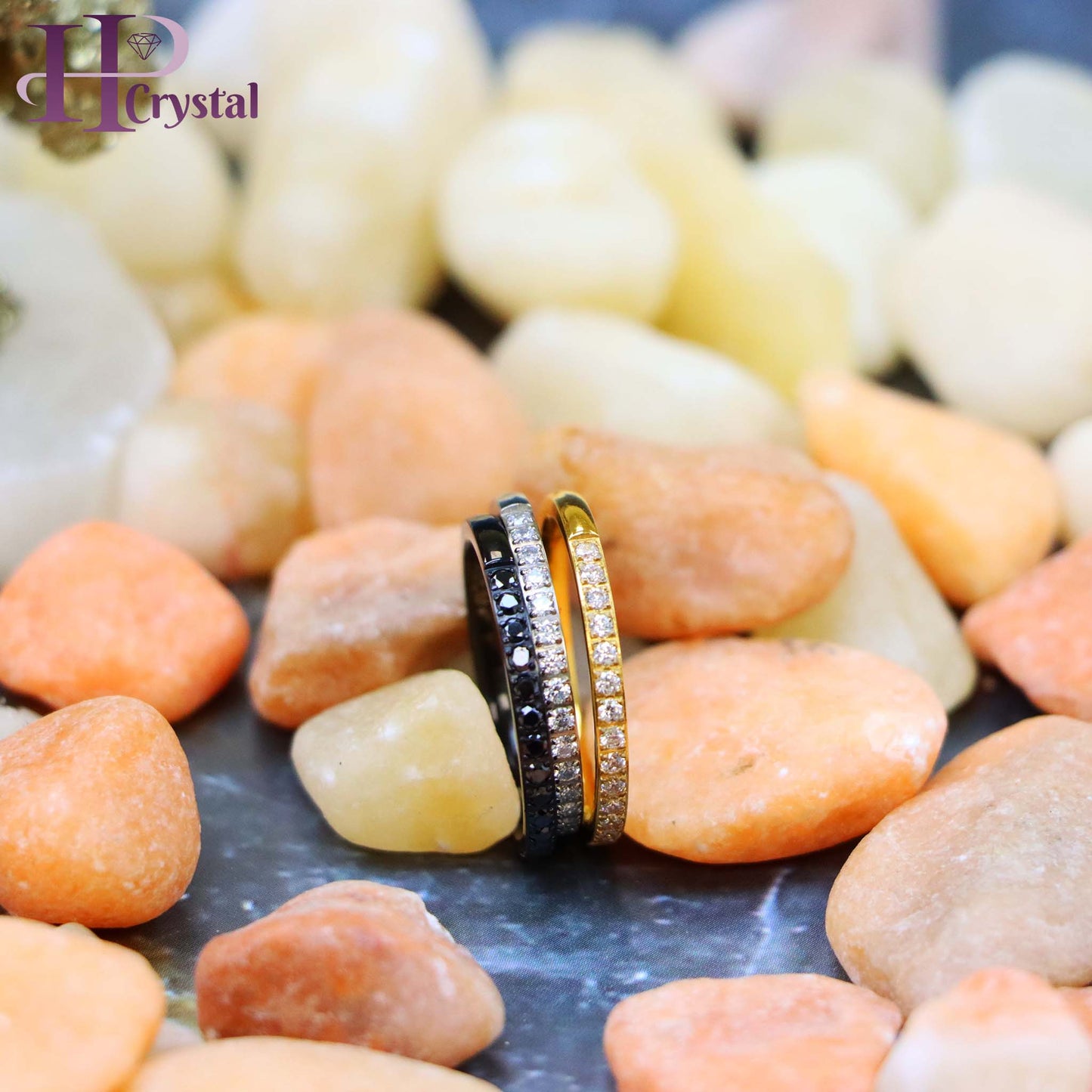 Titanium Half Eternity Ring – White & Black CZ Stones, Yellow & Black IP Plated, Stylish & Durable Wedding Band