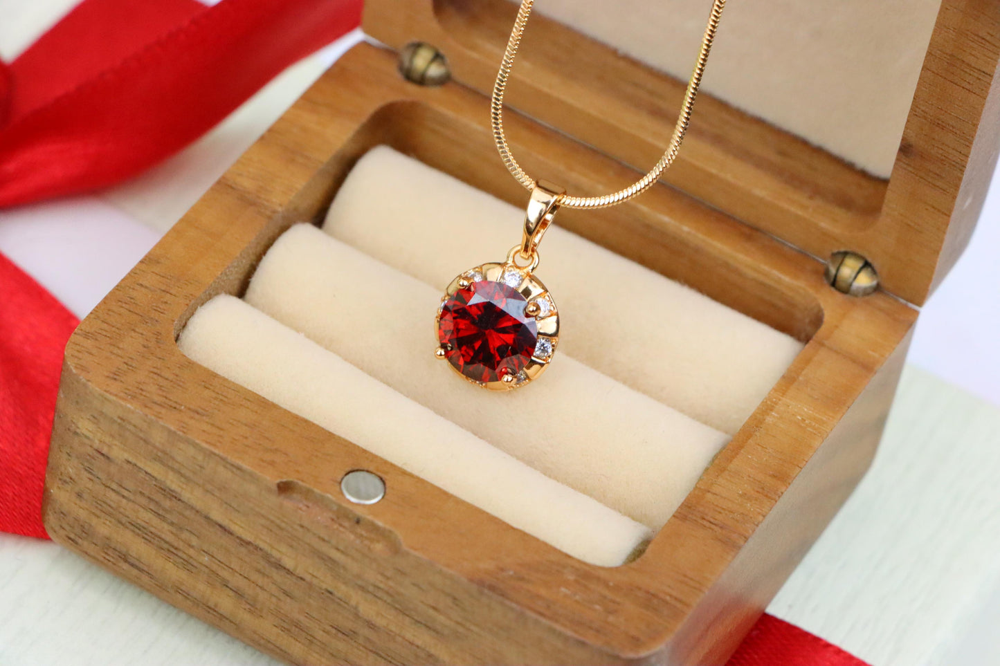 Round Red Pendant with Crystal Halo in Gold Finish Setting, XPPT1651 (2163-3)
