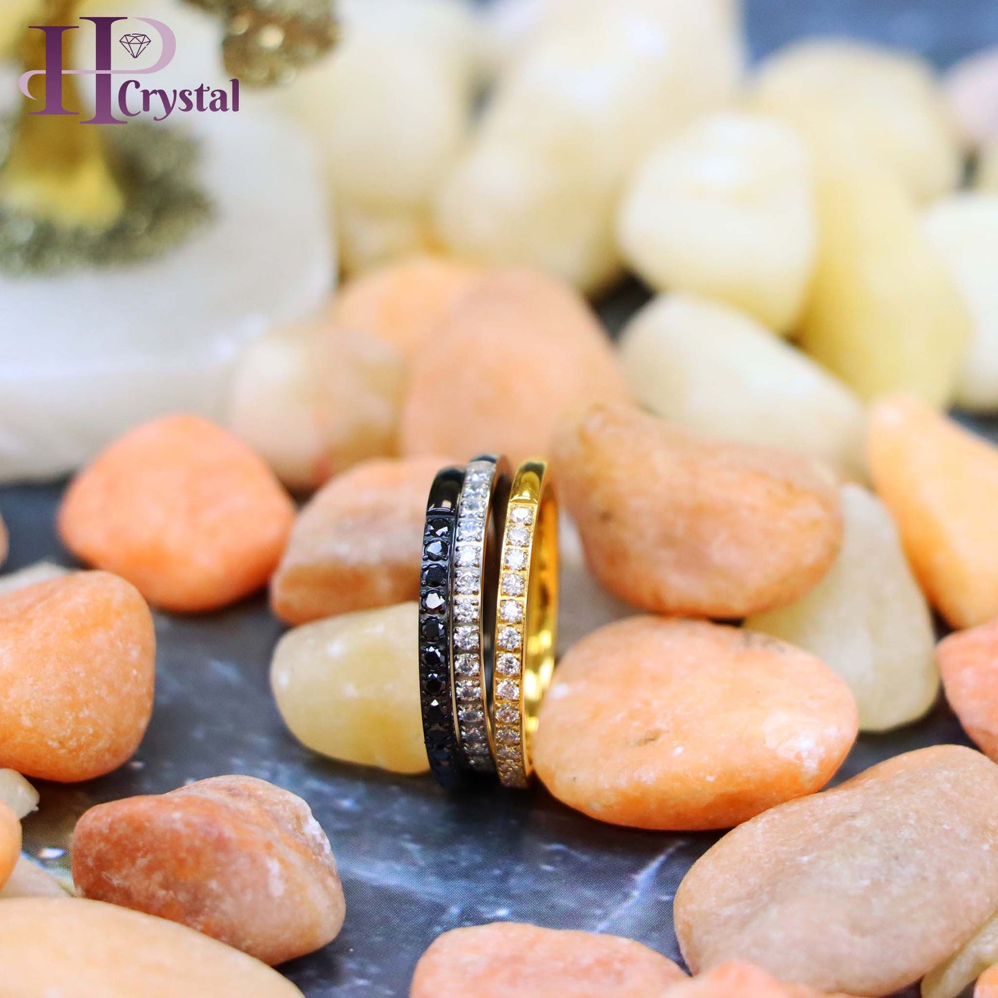 Titanium Half Eternity Ring – White & Black CZ Stones, Yellow & Black IP Plated, Stylish & Durable Wedding Band