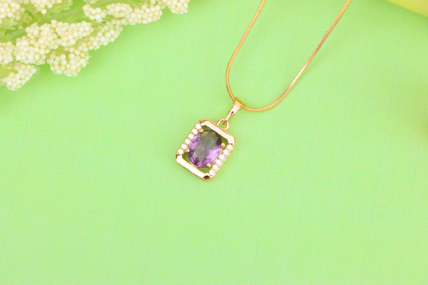 Rectangular Rose Gold Pendant with Purple Stone and Crystal Accents, XPPT1513 (2140-6)