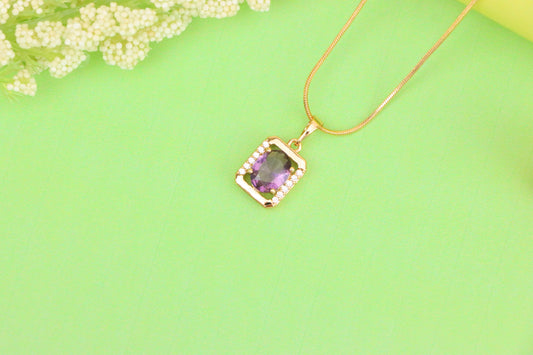 Rectangular Rose Gold Pendant with Purple Stone and Crystal Accents, XPPT1513 (2140-6)